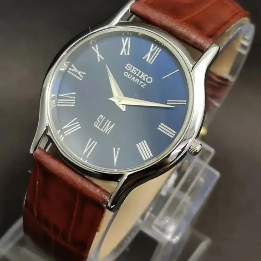 Vintage Style Seiko Quartz Mens Silver Watch & Blue accents W/ Leather Strap